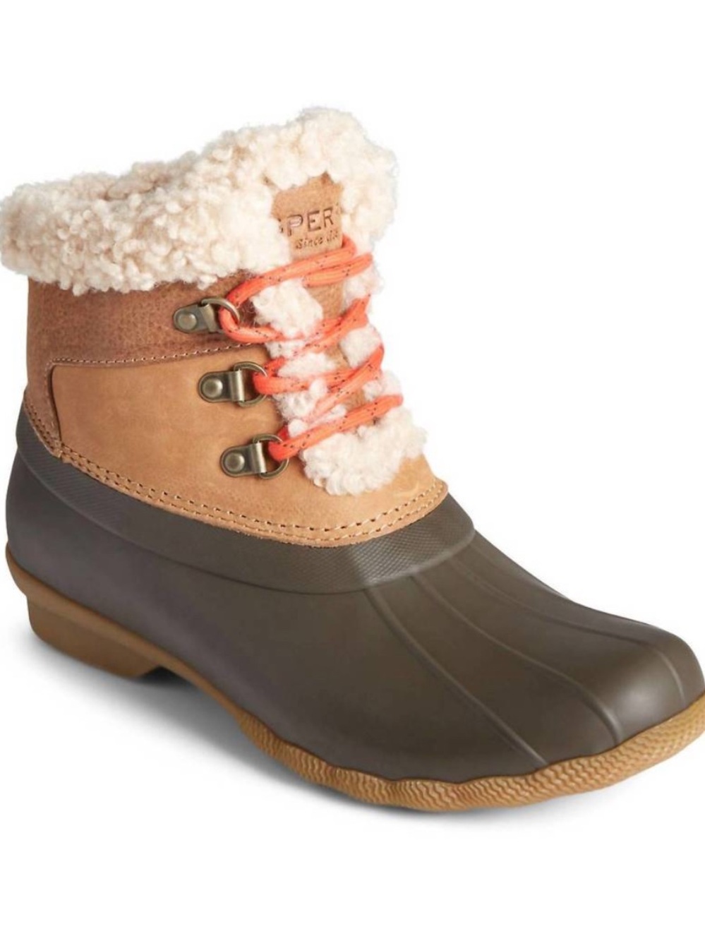 Sperry 9 Saltwater Alpine duck boots, leather, faux-fur lining, & red laces